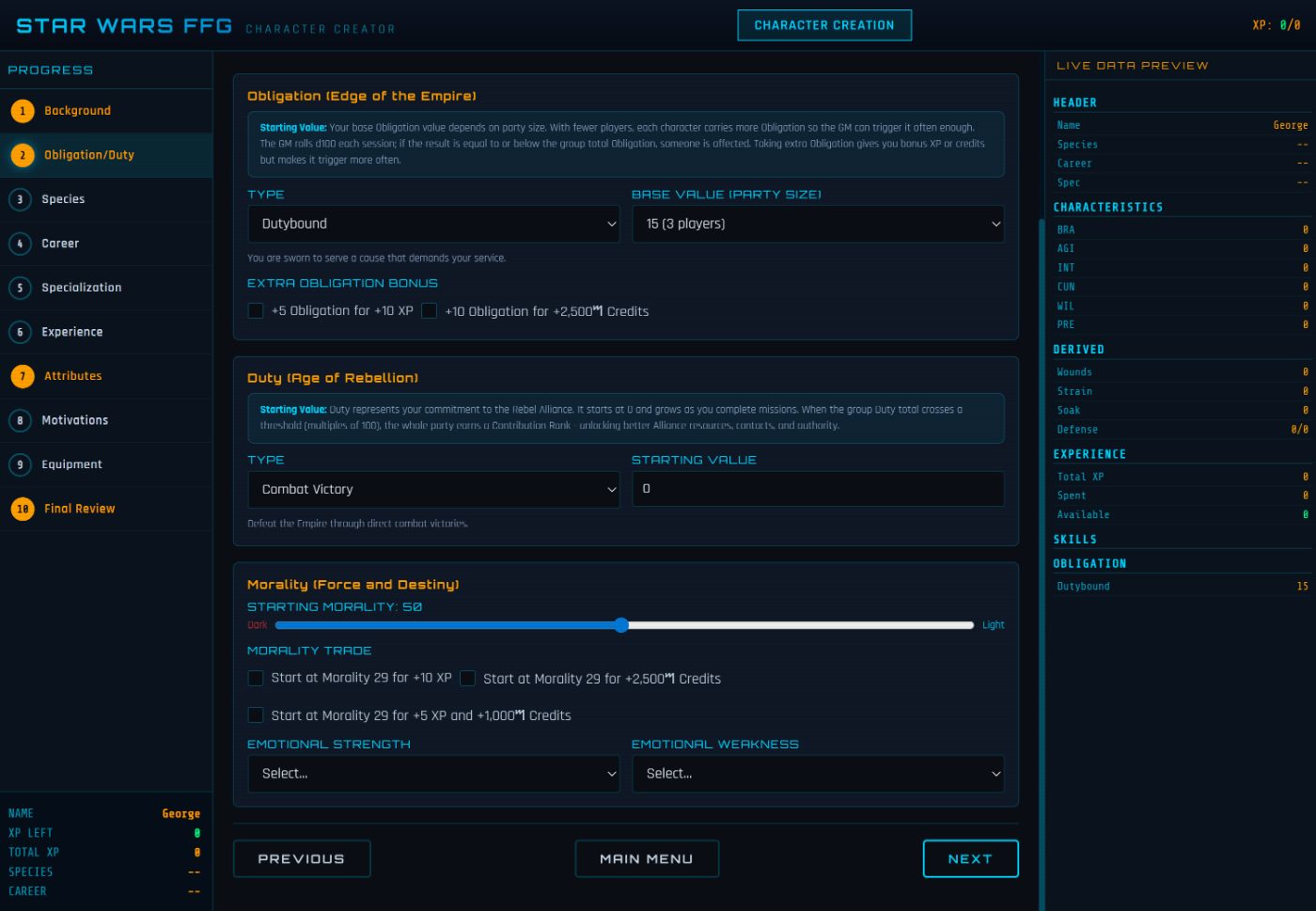 Star Wars FFG Character Creator